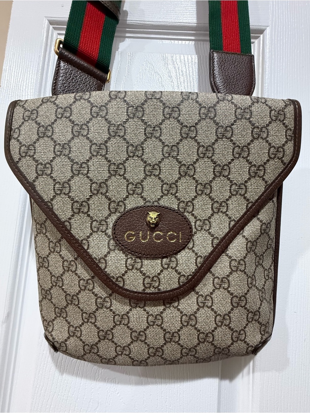 Gucci Beige GG Canvas Messenger with Brown Trim and Green-Red Strap